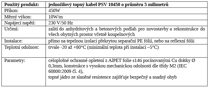 Specifikace použitých topných kabelů pro podlahové vytápění