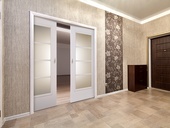 Interiérové dveře Doornite v povrchové úpravě 3D fólie bílá pór, s prosklením Superior ve dvoukřídlém provedení s posuvem do stavebního pouzdra Zdroj: DOORNITE