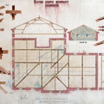 Obr. 3 Návrh řešení vaznicového krovu vč. detailů vazeb mezi jednotlivými krovovými prvky na školní práci Josefa Žáka z roku 1877 (Archiv architektury NTM, fond 121).