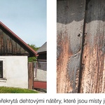 Původní hnědá patina překrytá dehtovými nátěry, které jsou místy již vymyté na holé dřevo, Sobotka. Zdroj: Jan Vinař, NPÚ