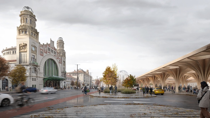 Nový návrh Hlavního nádraží v Praze, historická fantova budova vlevo, uprostřed magistrála, vlevo část nového zastřešení. Zdroj: CAMP