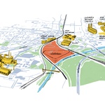 Ilustrace z nadhledu vymezující řešené území Urbanisticko-architektonické soutěže Žofinka, Ostrava. Zdroj: ONplan