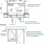 Obr. 12: Balkonová sestava – okno 1050/1500, výška parapetu 870 mm, okno 950/2370, výška parapetu 0 mm, v obvodové stěně tl. 300 mm zateplené izolantem tl. 200 mm, okno na vnějším líci stěny, dovnitř otvíravé, 4× prefabrikovaný o rozměrech 75×250×2300 m, délka uložení překladu 150 mm na každé straně. Zdroj: Zuzana Rácová, Aneta Libecajtová