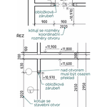 Obr. 3:	Zakreslení dveří 800/1970 v půdorysu a v řezu, levé, ve zděné příčce tl. 150 mm, s obložkovou zárubní, bez prahu, překlad 1× prefabrikovaný o rozměrech 150×75×1200 mm, délka uložení překladu 150 mm na každé straně. Zdroj: Zuzana Rácová, Aneta Libecajtová
