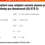 Obr. 1 Výpočet zdražení plynu o cenu emisních povolenek s přednastavenými hodnotami. Zdroj: TZBinfo.cz Obr. 1 Výpočet zdražení plynu o cenu emisních povolenek s přednastavenými hodnotami. Zdroj: TZBinfo.cz