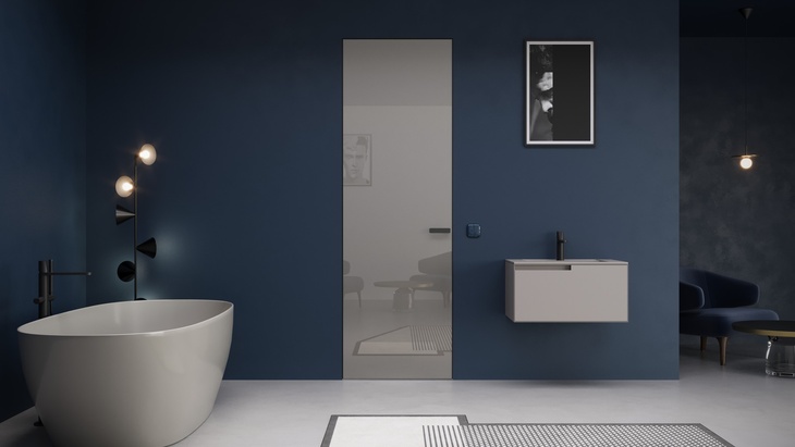 Bezfalcové dveře SAPELI MAXIM, sklo Diamant čiré RAL 7030, zárubeň skrytá hliníková SAP 911, klika Minimal. Zdroj: SAPELI