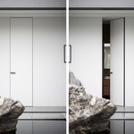 Dveře MASTER bez nadpraží s výškou 2 800 mm, bílé opláštění s černou linkou hliníkového rámu. Foto: Lukáš Pelech pro JAP FUTURE Dveře MASTER bez nadpraží s výškou 2 800 mm, bílé opláštění s černou linkou hliníkového rámu. Foto: Lukáš Pelech pro JAP FUTURE