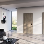 Dveře KLASIK plné s&nbsp;povrchem CPL&nbsp;SOLO 3D – SKYLINE, posuvné dveře do pouzdra. Zdroj: SOLODOOR a.s.