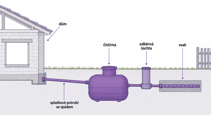 Cesta vody u novostavby: dům, potrubí se spádem, čistírna, odběrná šachta a vsak. Ilustrační schéma. Zdroj: TRIGY s.r.o.