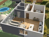 Tentýž návrh dvakrát: vlevo 3D model domu se zahradou z plánovače Homeplot, vpravo realistická vizualizace, kterou z něj vytvořila umělá inteligence. Foto: Jan Fűri, Homeplot Tentýž návrh dvakrát: vlevo 3D model domu se zahradou z plánovače Homeplot, vpravo realistická vizualizace, kterou z něj vytvořila umělá inteligence. Foto: Jan Fűri, Homeplot