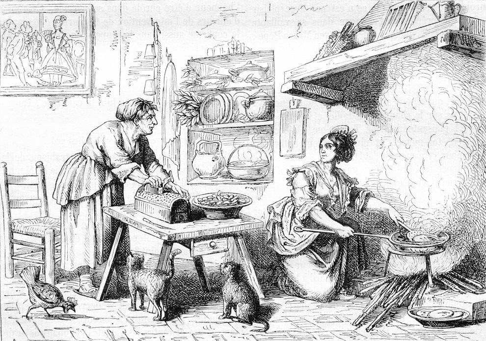 Dobová kresba historické kuchyně s otevřeným ohništěm Zdroj: Fotolia.com - Morphart