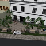 Prostor mezi domem a silnicí není "hluchý". Projekt jej zdařile využívá jako polosoukromý prostor vstupu do kanceláří a bytů. Zapuštěním pod niveletu silnice je od komunikace odstíněný, což je příjemné. Může sloužit jako místo čekání, setkávání nebo jako zahrádka pro případnou kavárnu v přízemí. Díky tomu je pod veřejným dohledem obyvatel a nájemníků objektu, což bude mít pozitivní vliv na jeho stav a údržbu.