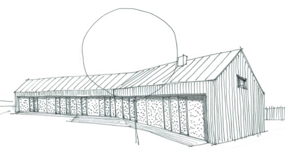 Výše skici na dvoupodlažní řešení (vlevo) a jednopodlažní řešení (vpravo) na rodinný dům ve Lhotce