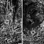 Ortofoto porovnávající řešené území textilní továrny s koláží vloženého historického centra města do území Tepny. Vejde se tam celé náměstí i s velkým okolím. Toto území je pro město zcela zásadní. Vpravo potom na koláži je vidět záměr investora – dvě nákupní haly obřích rozměrů a zbytek parkoviště.
