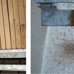 Obr. 2 Znečištění kovového a také betonového profilu (vpravo) vyplavenými tříslovinami dubu bez ošetření povrchovou úpravou v exteriérové expozici