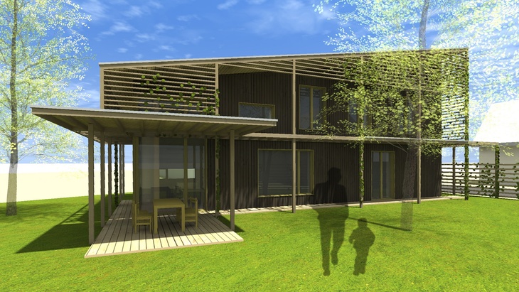 Rodinný dům z dřevěných panelů, s tepelnou izolací ze slámy vyrůstá ze zahrady