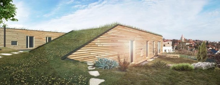 Netradiční architektura domů se zelenou střechou v Jílovém u Prahy Netradiční architektura domů se zelenou střechou v Jílovém u Prahy