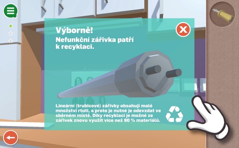 Hra Zrecykluj to! přináší kromě zábavy i informace, proč je důležité vysloužilé elektro recyklovat. Například blikající zářivku v kuchyni je potřeba vyměnit za novou a tu starou odnést k recyklaci, protože obsahuje malé množství rtuti. 