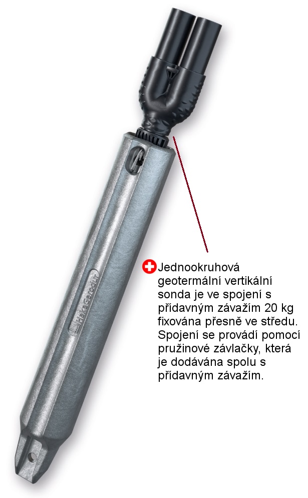 Zvolený systém spojování paty sondy a závaží zaručuje, aby nemohly vybočit a zablokovat se ve vrtu při zapouštění. Závaží lze zavěsit více kusů. Zvolený systém spojování paty sondy a závaží zaručuje, aby nemohly vybočit a zablokovat se ve vrtu při zapouštění. Závaží lze zavěsit více kusů.