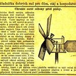 Rakouský větrný ptákoplaš s bubnujícími kladívky a článek z kalendáře časopisu Rolník z roku 1929 s nákresem zařízení se zvonky. (Břetislav Koč)
