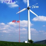 Porovnání rozměrů a výkonu konvekční větrné elektrárny Enviro Mission ve Španělsku s výkonem a rozměry větrné elektrárny DWT 150 u Kuželova na Hodonínsku. (Břetislav Koč)