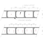 Obrázek 3 – absence vodorovné výztuže, neefektivně umístěná svislá výztuž v ose bednění ve vzdálenostech 500 nebo 250 mm. Znázorněné šipky ukazují, kam přesunout svislou výztuž pro její efektivnější využití – její spotřeba se nemění.