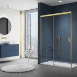 Jednodílné posuvné dveře s pevnou stěnou v rovině CADURA GOLD LINE v čirém skle, sprchová vanička ILA. 