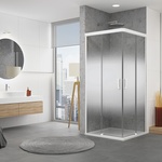 Rohový vstup s dvoudílnými posuvnými dveřmi CADURA WHITE LINE ve skle Shade, sprchová vanička LIVADA. 