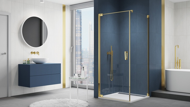 Jednokřídlé dveře s boční stěnou CADURA GOLD LINE v čirém skle, sprchová vanička ILA