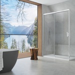 Sprchový kout CADURA – posuvné dveře včetně Soft open/close systému s boční stěnou s výřezem a zkosením – do atypicky řešené koupelny