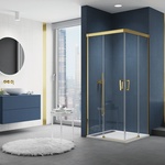  CADURA Gold Line – Rohový vstup s dvoudílnými posuvnými dveřmi v zářivé zlaté barvě. Vanička ILA.