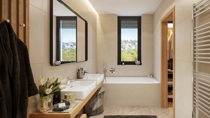 Luxusní koupelny bez rušivých prvků v projektu Maison Ořechovka